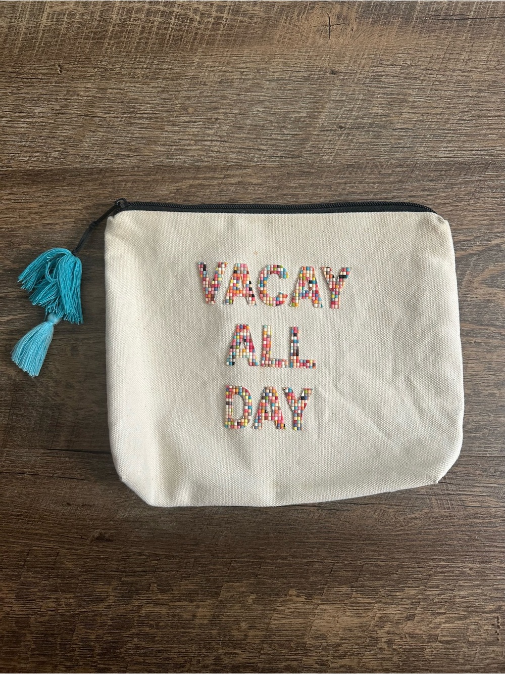 Fallon & Royce Canvas Cosmetic Pouch with Teal Tassel - VACAY ALL DAY